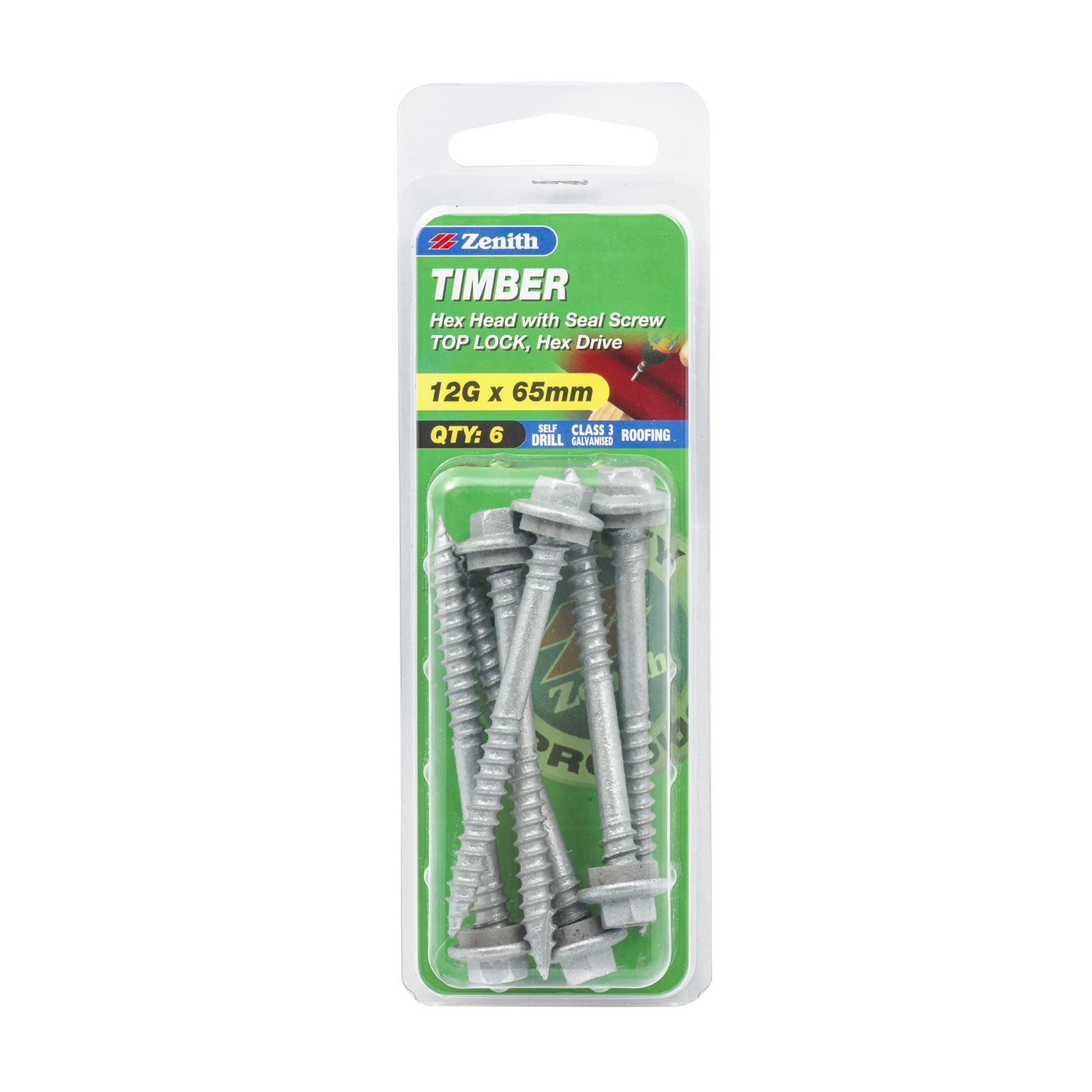 Zenith 12g X 65mm Galvanised Top Lock Hex Head With Seal Timber Screws 8 Pack Rissamelt 5033